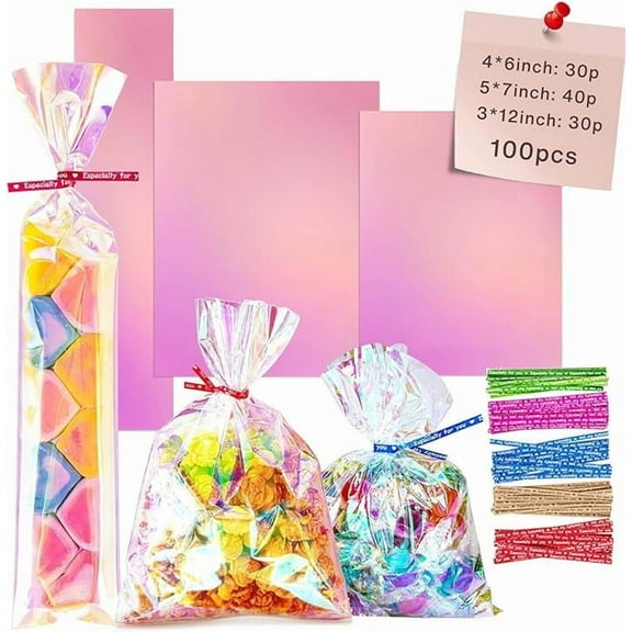 Treat Bags, 4x6, 5x7, 3x12 Inch Iridescent Cellophane Bags with Twist Ties, Celebrations Baby Showers Weddings Birthday Party Gift Wrapping(Pack of 100)