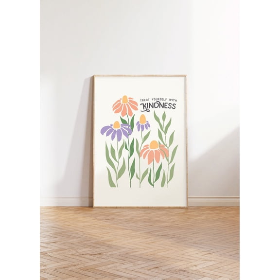 Treat Yourself With Kindness Poster, Self Love Poster, Positive Quote Poster, Mindful Posters, Inspirational Poster, Retro Boho Floral, Unframed Poster Size 8x12