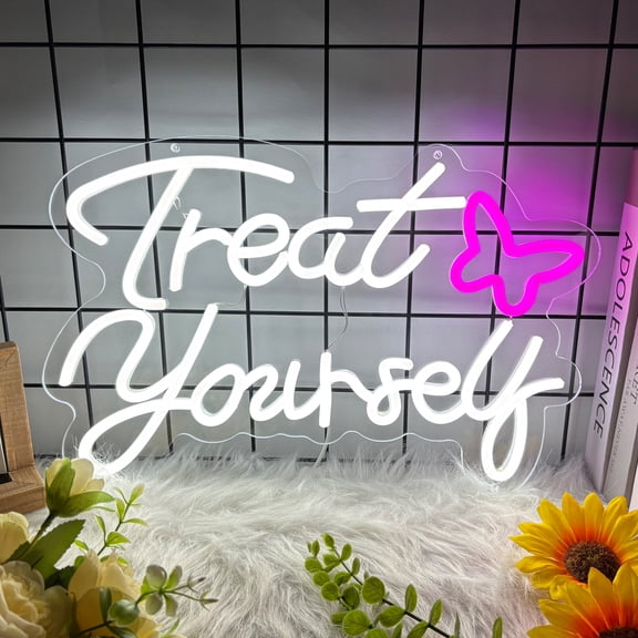 Treat Yourself Neon Sign for Wall Decor, Treat Yourself Led Signs for Home Decor, Dimmable Neon Light Sign for Bedroom, Game Room, Living Room, Bar Decoration, USB Powered Light Up Signs for Man Cave