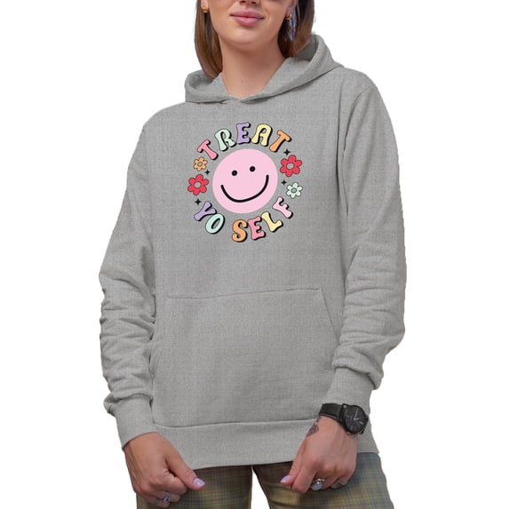 Treat Yo Self with a Happy or Smiling Face and Flowers Art Merch Gift, Heather Grey Hooded Sweatshirt or Hoodie, Large
