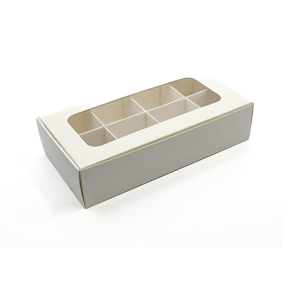 Treat boxes with window and dividers | 8 X-SMALL compartments | 6.75 x 3.5 x 1.57 in | sweet boxes, Christmas treat boxes, fudge boxes, candy boxes for gift giving | 10-pack (White)