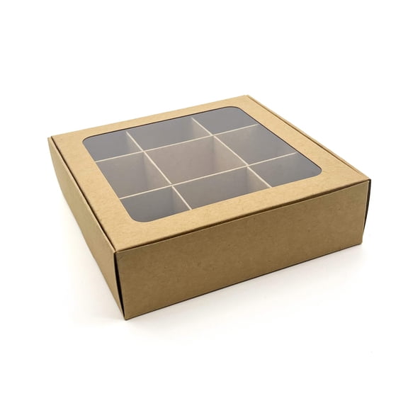 Gretel Baking Treat Boxes, Window & Dividers, 9 Comp Small, Kraft, 20 Pack