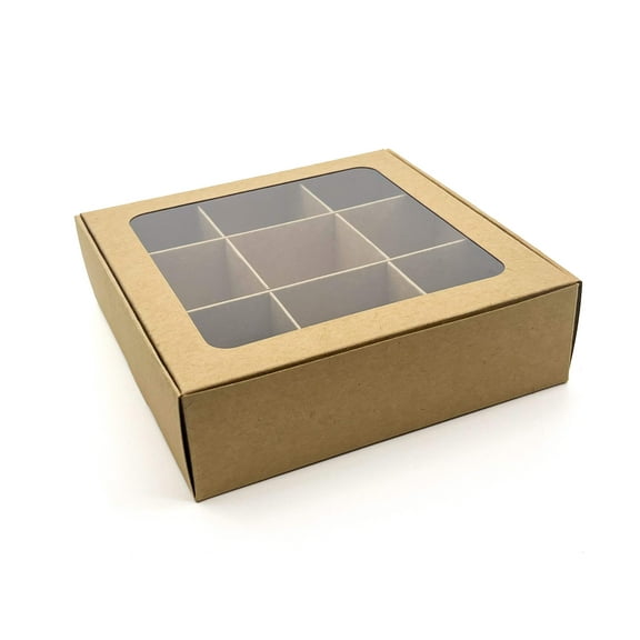 Treat boxes with window and dividers | 9 SMALL compartments | 6.5 x 6.5x 1.9 in | Christmas treat boxes, cookie boxes with window, candy boxes for gift giving | 10-pack (Kraft)