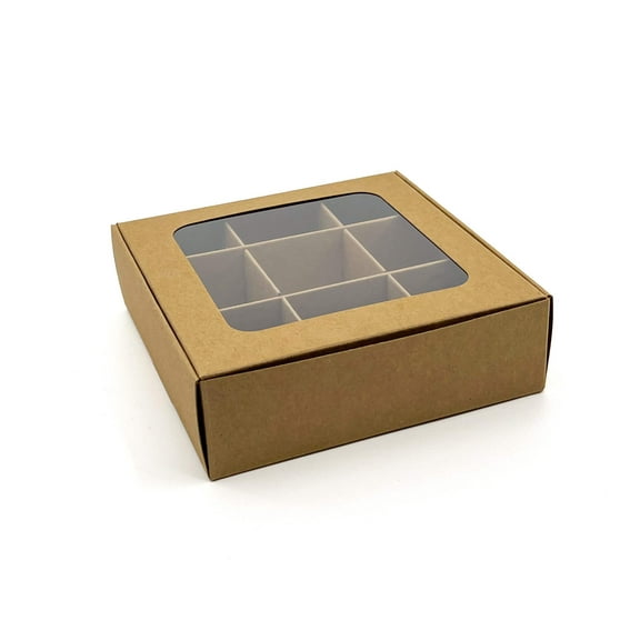 Treat boxes with window and dividers | 9 X-SMALL compartments | 5 x 5 x 1.57 in | truffle boxes, Christmas treat boxes, fudge boxes, candy boxes for gift giving | 10-pack (Kraft)