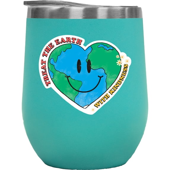 Treat the Earth with Kindness, Smiling Heart, Earth Day & Environmentalist Merch Gift, Mint 12oz Wine Tumbler