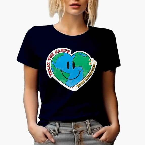 Treat the Earth with Kindness, Smiling Heart, Earth Day & Environmentalist Merch Gift, Navy Blue T-Shirt, XL