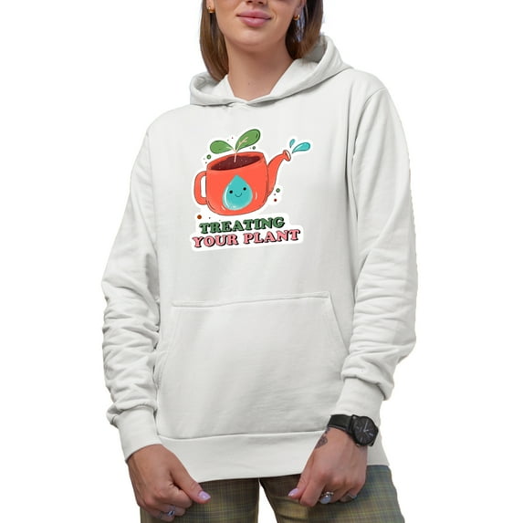 Treating Your Plant, Earth Day & Environmentalist Art Merch Gift, White Hooded Sweatshirt or Hoodie, Small