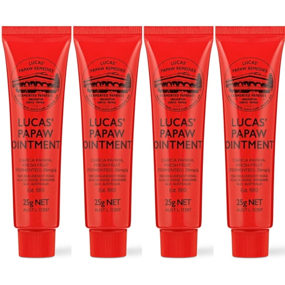 Treats from Home Lucas Pawpaw Lip Ointment, Lucas Pawpaw Cream, Lucas Pawpaw Ointment for Lips & Dry Skin - Unique All Skin Types, All Gender- Any Season Gift Pack with 4 x 25g Pawpaw Balm, Red