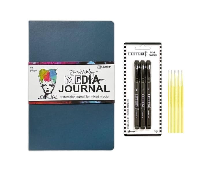 Trebbies Dina Wakley Media Journal Bundle - Dina Wakley Media Journal Watercolor MDJ87830 with 3 Black Letter It Fineliners Detail Sticks