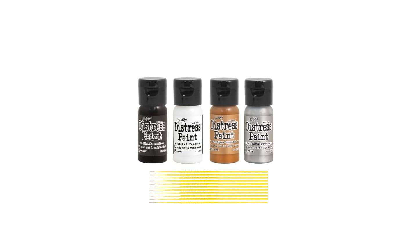 Trebbies Distress Paint Bundle - 4 Tim Holtz Flip Cap Distress Paints BLACK SOOT, PICKET FENCE, ANTIQUE BRONZE, BRUSHED PEWTER Detail Sticks