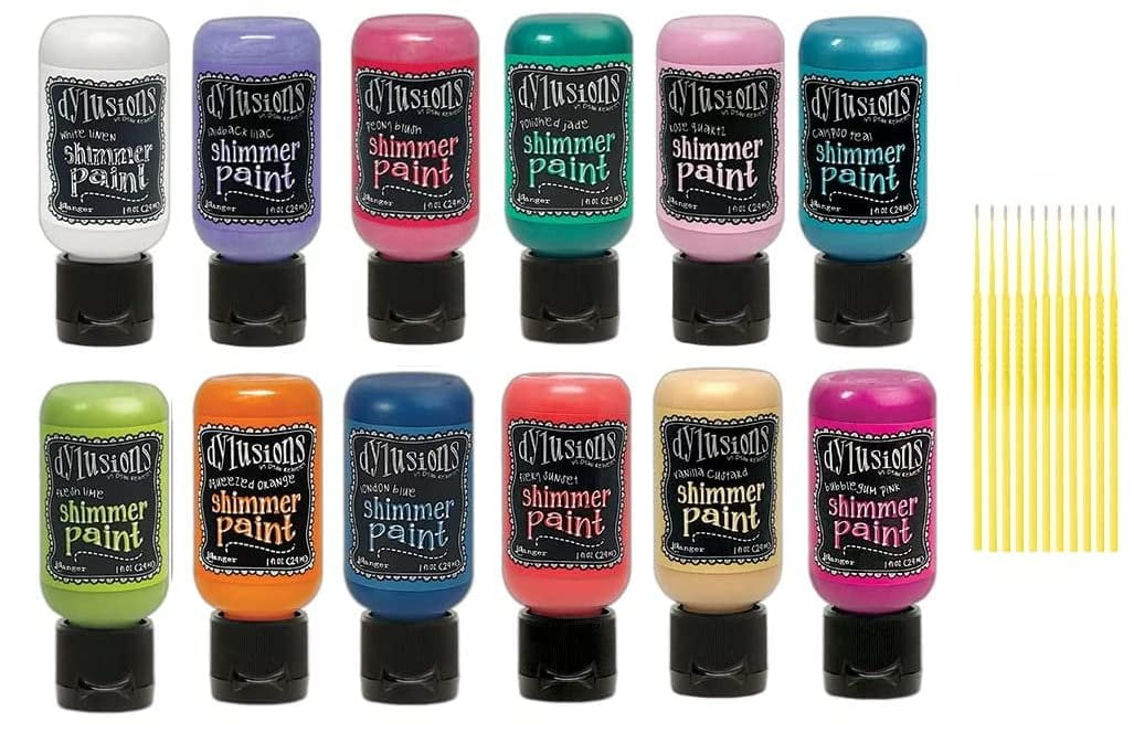 Trebbies Ranger Dylusion Shimmer Paint Bundle Bright Shimmer Set- 12 Dylusions Shimmer Paint Blendable Waterproof Paint Set Detail Sticks