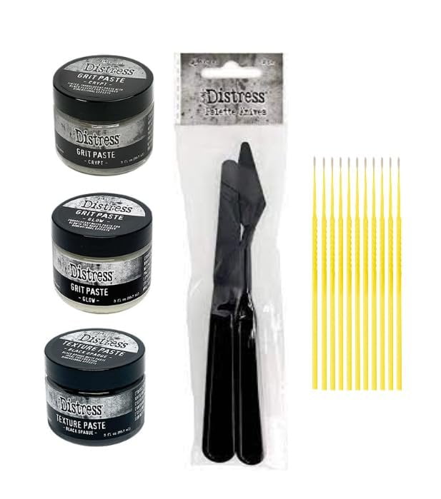Trebbies Halloween Paste Bundle - Halloween Grit Paste Crypt, Halloween Grit Paste Glow, Texture Paste Black Opaque with 2pc. Distress Palette Knife Set and Trebbies Detail Sticks