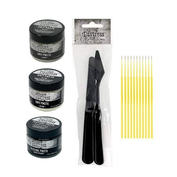 Trebbies Halloween Paste Bundle - Halloween Grit Paste Crypt, Halloween Grit Paste Glow, Texture Paste Black Opaque with 2pc. Distress Palette Knife Set and Trebbies Detail Sticks