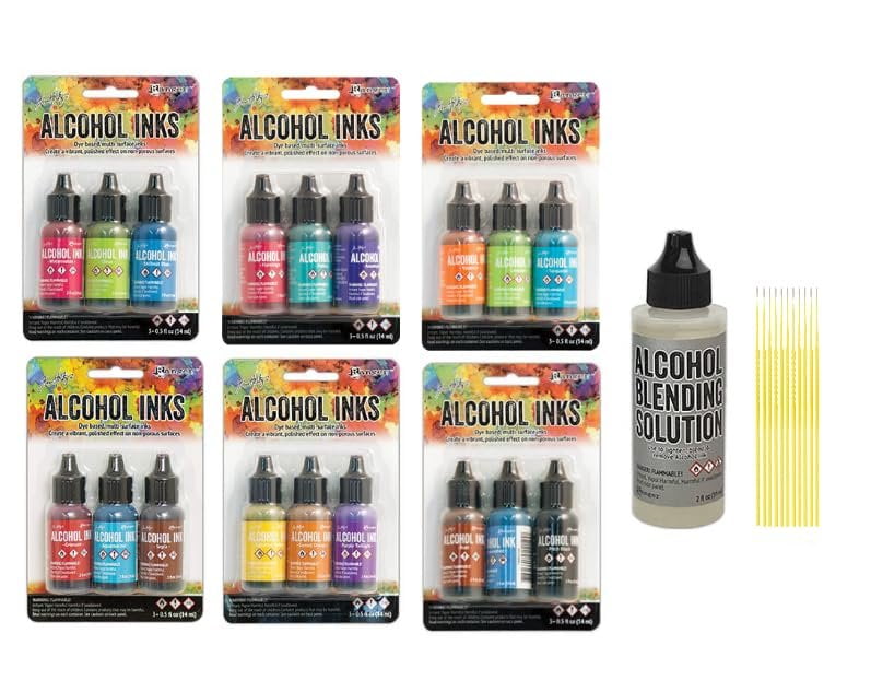 Tim Holtz Adirondack Alcohol Ink Bundle - 6 Packages - Dockside, Spring Break, Beach Deco, Rodeo, Summit View, Miners Lantern with 2oz Blending Solution with Trebbies Detail Sticks