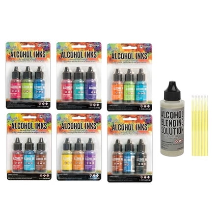 Tim Holtz Adirondack Alcohol Ink Bundle - 6 Packages - Dockside, Spring Break, Beach Deco, Rodeo, Summit View, Miners Lantern with 2oz Blending Solution with Trebbies Detail Sticks