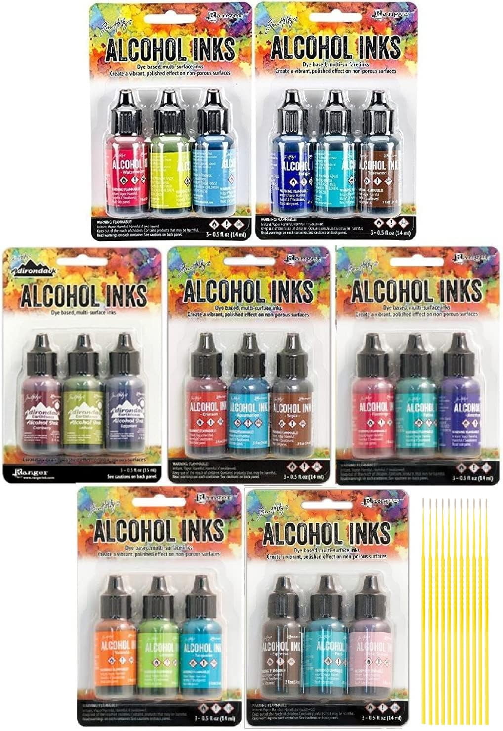 Trebbies Tim Holtz Adirondack Alcohol Inks - 7 Packages - 21 Ink Bottles total Dockside Picnic, Summit View, Retro Cafe, Farmer's Market, Rodeo, Beach Deco, Mariner Detail Sticks