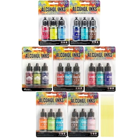 Trebbies Tim Holtz Adirondack Alcohol Inks - 7 Packages - 21 Ink Bottles total Dockside Picnic, Summit View, Retro Cafe, Farmer's Market, Rodeo, Beach Deco, Mariner Detail Sticks