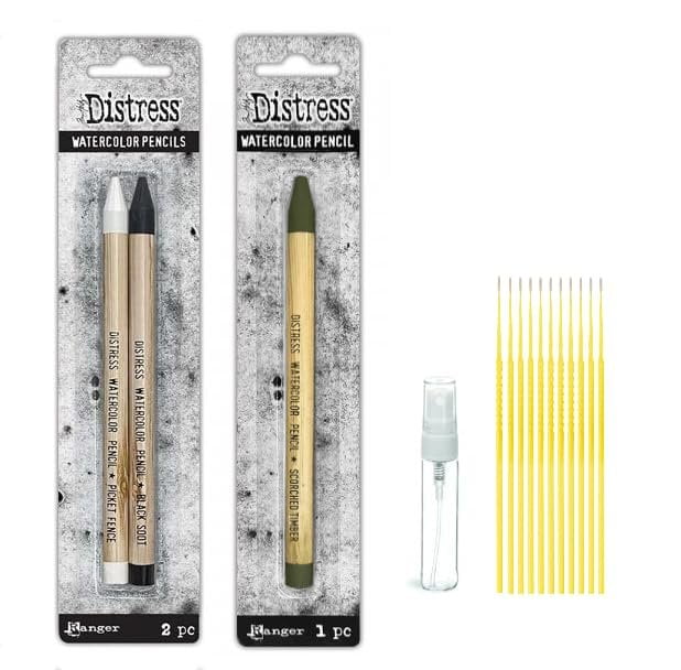 Tim Holtz Watercolor Pencil Bundle - Black Soot, Picket Fence & Scorched Timber With Storage Tin