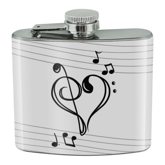 Treble Bass Clef Heart Music Black White Stainless Steel 5oz Hip Drink Kidney Flask