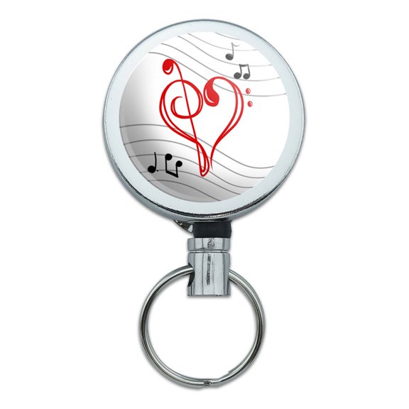 Treble Bass Clef Heart Music Red Retractable Belt Clip Badge Key Holder
