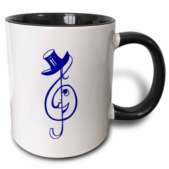 3drose, Treble Blue Clef Face Top Hat Music Design, 15oz Two-tone Black Mug