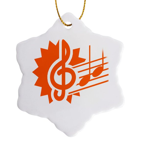 3drose, Treble Clef Eighth Notes Staff Graphic Orange, 3 inch Snowflake Porcelain Ornament
