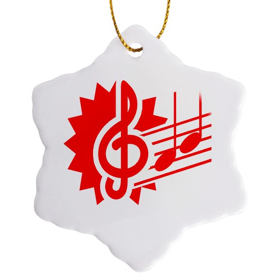 3drose, Treble Clef Eighth Notes Staff Graphic Red, 3 inch Snowflake Porcelain Ornament