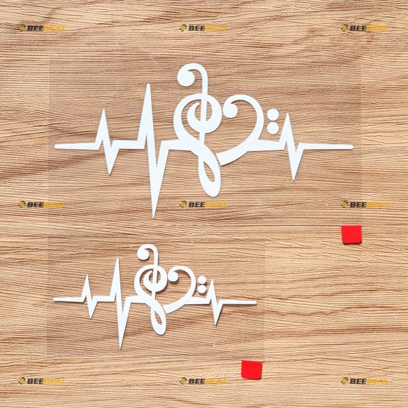 Treble Clef Heart Beat Love Music Notes Decal Vinyl Sticker - 2 Pack White, 4 Inches, 6 Inches - Style B No Background for Car Boat Laptop
