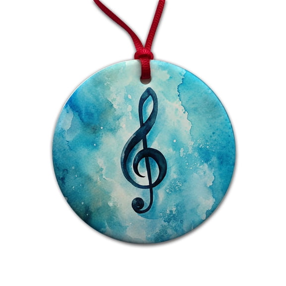 Treble Clef Music Musical Note Blue Watercolor Christmas Tree Holiday Round Ceramic Ornament