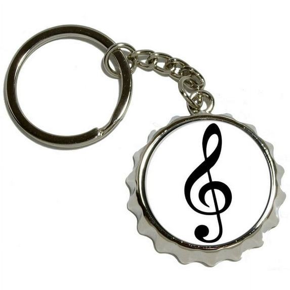 Treble Clef, Music, Nickel Plated Metal Popcap Bottle Opener Keychain Key Ring