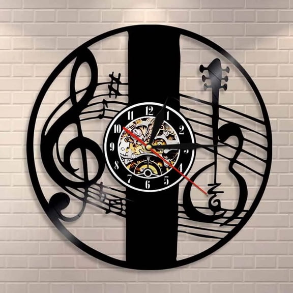 Treble Clef Music Note Vinyl Wall Clock,Vinyl Record Clock Wall Art Black Handmade Art Home Unique Gift idea
