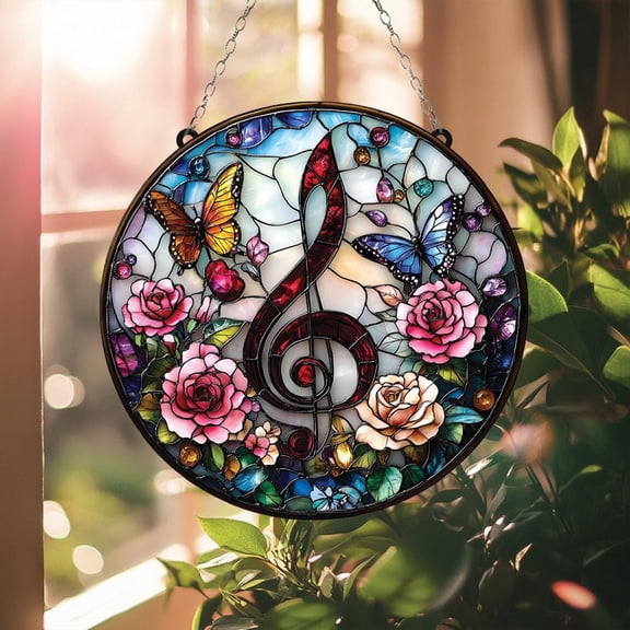 Treble Clef Stained Acrylic with Roses and Butterflies,Musical Acrylic Window Hanging,Vibrant Home Decor Gift for Music Lover,Gift for Teacher
