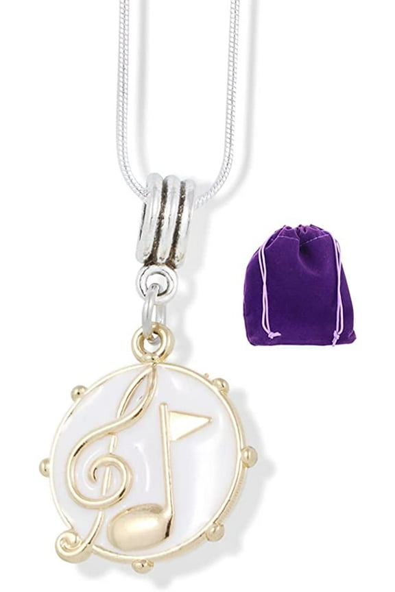 Treble Clef and Music Note on White Snare Drum Charm Snake Chain Necklace
