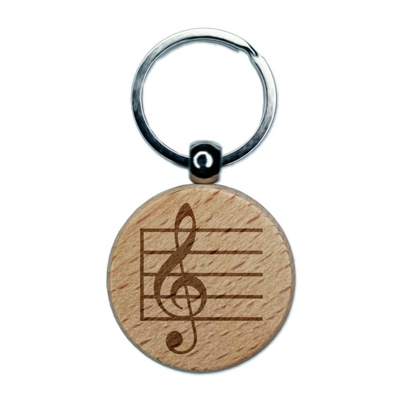 Treble Clef on Staff Music Round Keychain Charm Tag - Engraved Wood