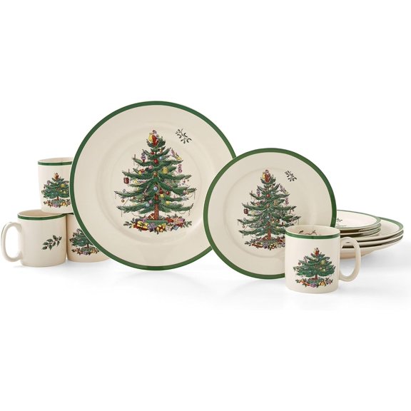 Tree 12-Piece Dinnerware Set (Service for 4) | Made in the UK, New & Improved, Fine Earthenware, Microwave & Dishwasher Safe
