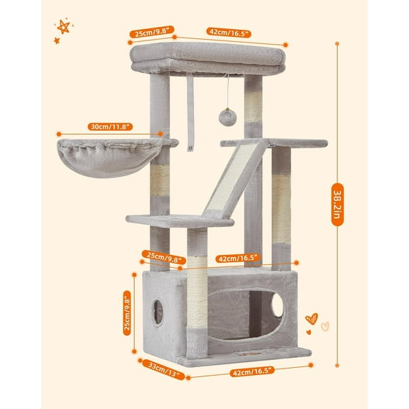Tree, 38.2-Inch Indoor Tower with Luxurious Perch and Adjustable Baskets - Dog Bed Compatible