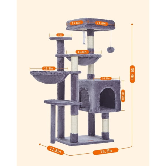 Tree, 39.4-Inch Tower with 5 Scratching Posts, Plush Condo, 2 Hammocks, Pompoms, Smoky Gray - Dog Bed