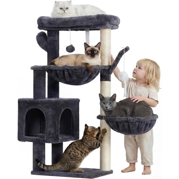 Tree, 39.4 Inches Tower Condo with , Tower for Indoor Cats, Fully Wrapped Sisal Pole, Soft Platform, 2 Baskets and Dangling , Smoky Gray HCT006SG