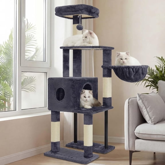 Tree, 49.2 Inches  Tower for Indoor Cats, Spacious  House Condo with  Space,Sturdy Steel Tube,Soft Plush Top Perch,Cozy Hammock and Sisal  Posts, Smoky Gray HCT200SG