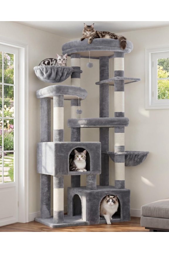 Tree, 67.3 Inches Tower with 3 Soft Platform Beds, 2 Large Condos, 9 Sisal  Posts, 2 Hammocks and Toys, Multi-Level Step House for Multiple Indoor Kittens, Light Gray MPJ084W
