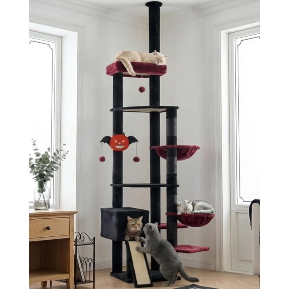 Tree 92.5-104.3 with Hammock, Floor to Ceiling Gothic Condo, Tall Climbing Tower Adjustable with Posts for Indoor Cats, Black and Red HCT091BR