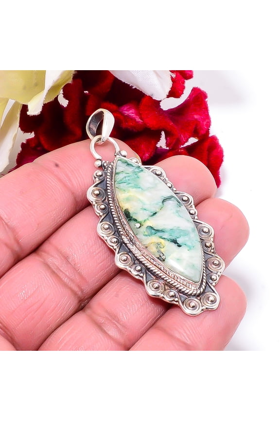 Tree Agate 925 Sterling Silver Bali Pendant 2.34 Sk13, Christmas Gift