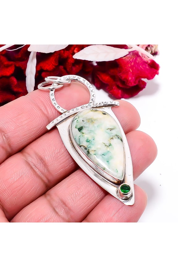 Tree Agate - Australia & Chrome Diopside Designer Handmade 925 Sterling Silver Pendant 2.54" P84149, Christmas Gift