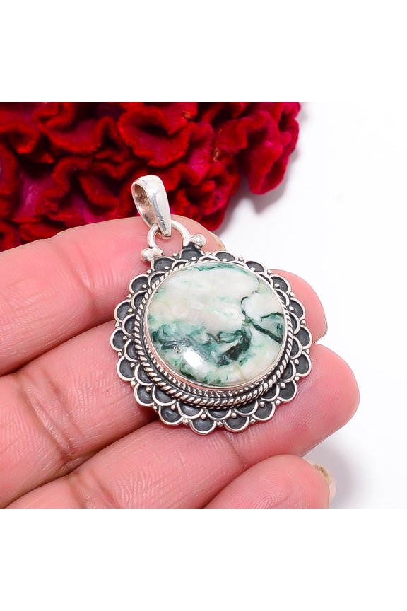 Tree Agate - Australia Designer Handmade 925 Sterling Silver Pendant 1.76" P99940, Christmas Gift