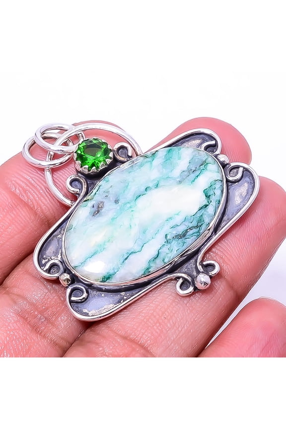 Tree Agate - Australia & Emerald Handmade 925 Sterling Silver Pendant 1.68" P30, Christmas Sale, Birthday Gift, Beautiful Jewelry For Woman