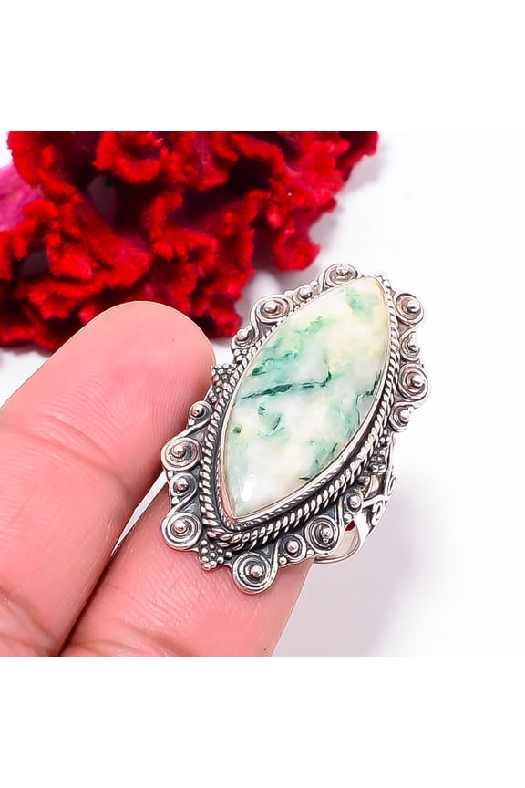 Tree Agate - Australia Fine Art Oxidised 925 Sterling Silver Ring S.8.5 R10248, Christmas Gift