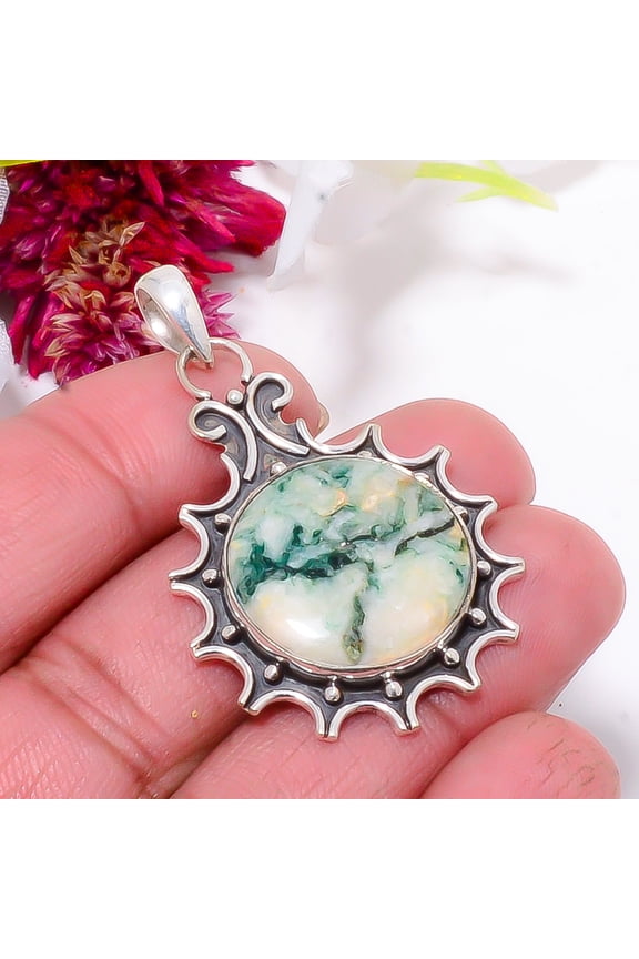 Tree Agate - Australia Oxidised Designer 925 Sterling Silver Pendant 1.83" Sku31, Green Pendant, Natural Gemstone Pendant