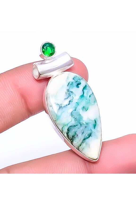 Tree Agate, Emerald Simulated 925 Silver Pendant 1.72" P, Christmas Gift