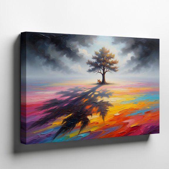 Tree And Fox With Dramatic Shadow On Colorful Abstract Landscape Wall Art, Modern Living Room And Office Decor
