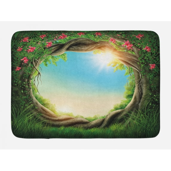 Tree Bath Mat, Enchanted Forest in Spring Fresh Growth Foliage with Blossoms Fairytale Fantasy, Non-Slip Plush Mat Bathroom Kitchen Laundry Room Decor, 29.5 X 17.5 Inches, Green Pink Cocoa, Ambesonne
